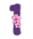 3D Fur Animal Hair Purple color Creative Decorative Number 1 decorate with pink hibiscus flower, isolated in white background.