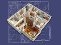 3D Furnished House Interior on a Blueprint Royalty Free Stock Photo