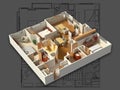 3D Furnished House Interior on a Blueprint