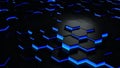 3D Futuristic rendering blue and black abstract honeycomb hexagon random surface level background with lighting and shadow. Tilt