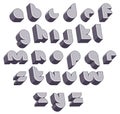3d futuristic round font, monochrome dimensional alphabet.