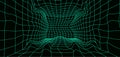 3D futuristic wavy wireframe room on green background. Digital perspective grid. Vector illustration Royalty Free Stock Photo