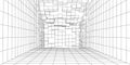 3D futuristic wireframe room on white background. Abstract perspective grid. Vector illustration