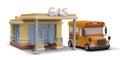 3D gas station in cartoon style. Colorful building with bus, side view Royalty Free Stock Photo