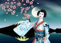 3D Geisha in blue kimono and sakura at night Royalty Free Stock Photo