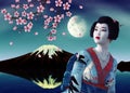 3D Geisha in blue kimono and sakura at night Royalty Free Stock Photo