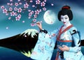 3D Geisha in blue kimono and sakura at night Royalty Free Stock Photo