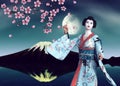 3D Geisha in blue kimono and sakura at night Royalty Free Stock Photo