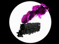 3D generated silhouette of steam locomotive in black and white on white background. Train puffing smoke from his tube