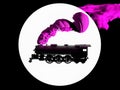 3D generated silhouette of steam locomotive in black and white on white background. Train puffing smoke from his tube