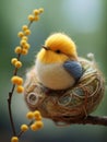 3D generated tiny bird in a nest. Toy made of yarn. Yellow and blue.