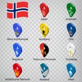 Eleven flags the Counties of Norway - alphabetical order with name. Set of 3d geolocation signs like flags Regions of Norway. E
