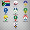 Nine flags the Provinces of South Africa- alphabetical order with name. Set of 2d geolocation signs like flags Provinces of Sou