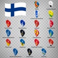Nineteen flags the Regions of Finland -  alphabetical order with name.  Set of 3d geolocation signs like flags Regions of Finland. Royalty Free Stock Photo