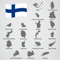 Nineteen Maps Regions of Finland - alphabetical order with name. Every single map of Province are listed and isolated with wording