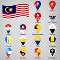 Sixteen flags the States of Malaysia- alphabetical order with name. Set of 2d geolocation signs like flags States of Malaysia.