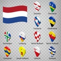 Twelve flags the Regions of Netherlands - alphabetical order with name. Set of 3d geolocation signs like flags Provinces of Neth