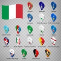 Twenty flags of Italy - alphabetical order with name. Set of 3d geolocation signs like flags regions of Italy. Twenty geolocatio