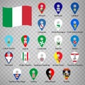 Twenty flags of Italy - alphabetical order with name. Set of 2d geolocation signs like flags lands of Italy. Twenty geolocation