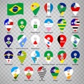 Twenty seven flags states of Brazil - alphabetical order with name. Set of 2d geolocation signs like flags states of Brazil. Tw