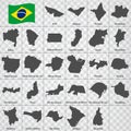 Twenty seven Maps states of Brazil - alphabetical order with name. Every single map of state are listed and isolated with wording