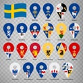 Twenty one flags the Counties of Sweden - alphabetical order with name. Set of 2d geolocation signs like flags Counties of Swed