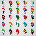 3D geolocation signs of twenty five African countries with inscriptions. Set of twenty five 3d geolocation icons on transparent