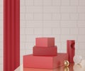 3d geometric forms. Empty podium for mock up. Vacant fashion show stage,pedestal, shopfront with colorful color. Minimal scene for
