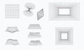 3D geometry wireframe shapes and grids on white background. Retro futuristic design elements. Cyberpunk elements in trendy
