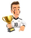 3d german soccer fan with trophy cup pointing to empty wall Royalty Free Stock Photo