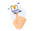 3D Giant hand holding tiny laptop, digital marketing. Communication, mailing, chatting, social media addiction concept