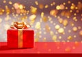 3D gift box with red light bokeh background with ribbon on a abstract background, Merry Christmas and happy new year concept with Royalty Free Stock Photo