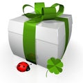 3d gift red with green ribbon, ladybug and lucky clover.