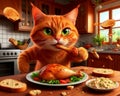 3D ginger cat kitchen bully steals chicken Royalty Free Stock Photo