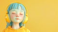 3d girl with blue hair in headphones listening to the music. Streaming audio services. Yellow background