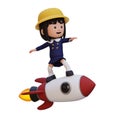3D girl character standing riding a rocket Royalty Free Stock Photo