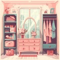 2d girl dressing room interior design cartoon with pink color theme illustration Royalty Free Stock Photo