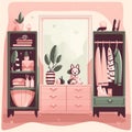 2d girl dressing room interior design cartoon with pink color theme illustration Royalty Free Stock Photo