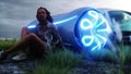 3d girl and futuristic electric car on walley. Future concept. Realistic 4k animation.