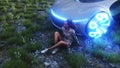 3d girl and futuristic electric car on walley. Future concept. Realistic 4k animation.