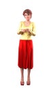 3D Girl in gold shirt and red skirt