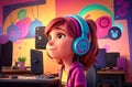 3D girl with headphones in a colorful vivid background. Royalty Free Stock Photo