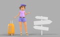 3D Girl tourist with yellow suitcase stand on crossroad with direction signs. Cartoon illustration of young woman