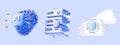 3d glass artificial intelligence icon set render. Brain with ai chip, data server, cloud computing for ui design