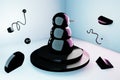 3d Glass black snowman from three round spheres in a geometric angle, on the podium, next to fly figures, illuminated by Royalty Free Stock Photo