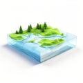 3d Glass Box With Mountain, River, And Island Of Trees