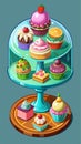 3d glass cake plate for dessert isolated vector. Realistic birthday dish stand for table. Empty pie display tray graphic set....