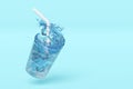 3d glass with ice cubes, water splash, drinking straws, clear blue water scattered around isolated on blue background. 3d render