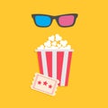 3D glasses big popcorn and ticket. Cinema icon in
