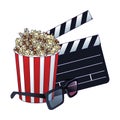 3D glasses with clapboard and pop corn striped bowl icon Royalty Free Stock Photo